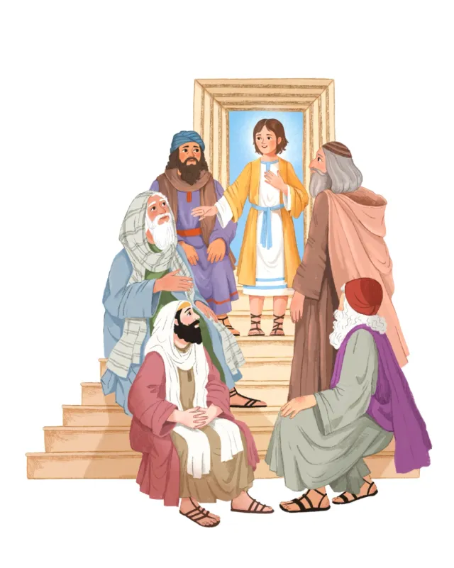 Jesus preaching to followers at the temple, artwork by Tatsiana Burgaud