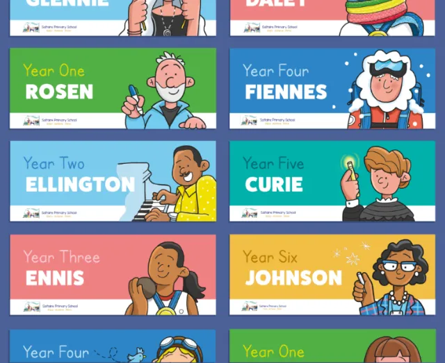 Colorful classroom signs for primary school with student illustrations by Paperface
