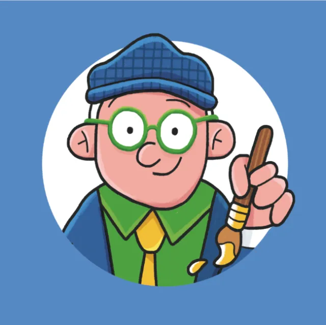 Cartoon portrait of David Hockney wearing glasses and hat by Paperface