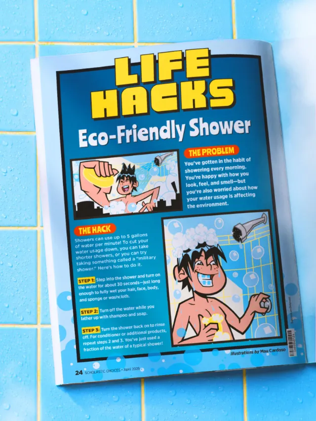 Illustrated magazine page showing eco-friendly shower life hacks by Mau Cardoso