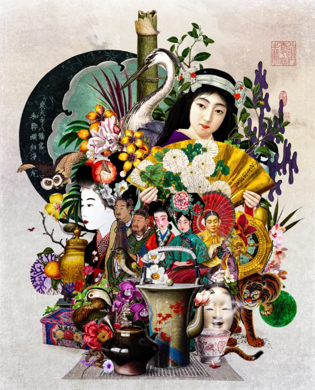 Collage of Asian cultural items and a woman holding a fan by Patrick Boyer