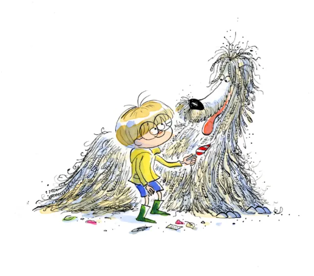 Boy in glasses painting a large shaggy dog with a red brush by Agnès Ernoult