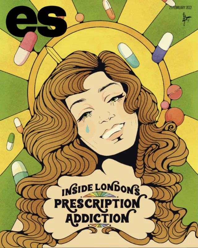 Cover art for ES Magazine's February 2022 issue on prescription addiction