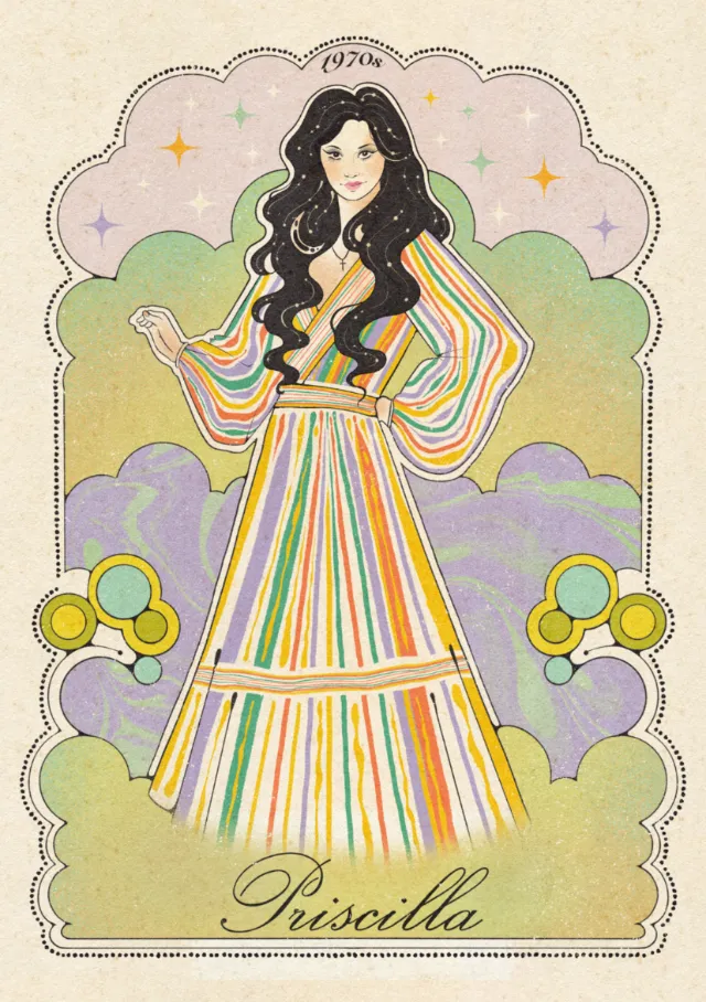 Illustration of Cailee Spaeny as Priscilla in 1970s style