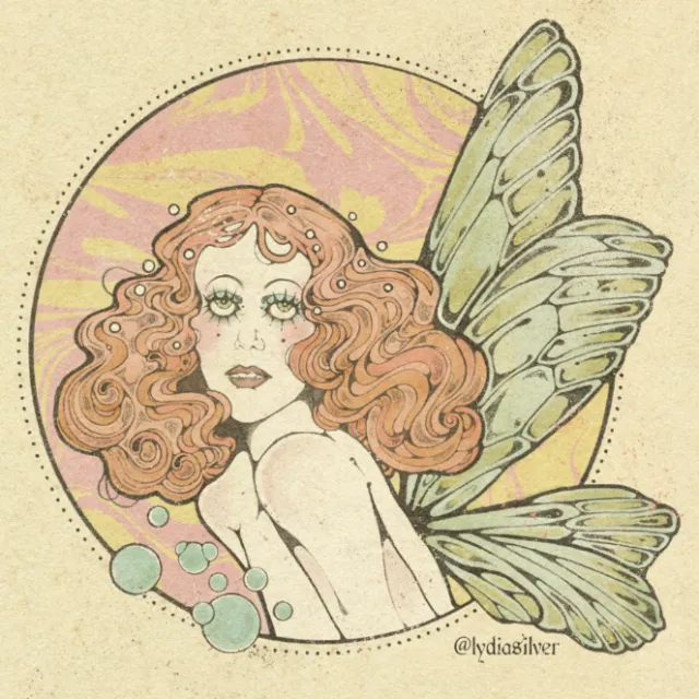 A woman with curly hair and butterfly wings in a circular frame by Lydia Silver