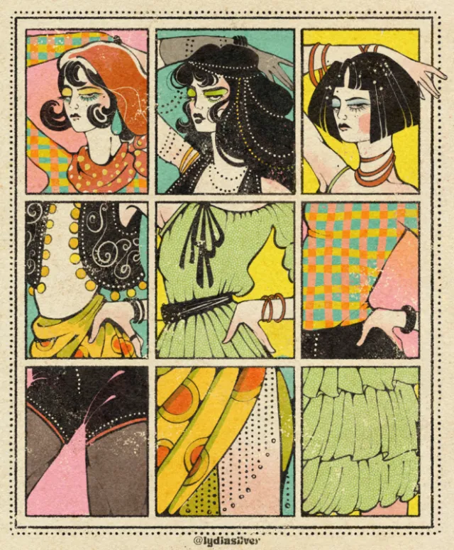 Fashion illustration grid with nine panels showing vintage clothing details by Lydia Silver