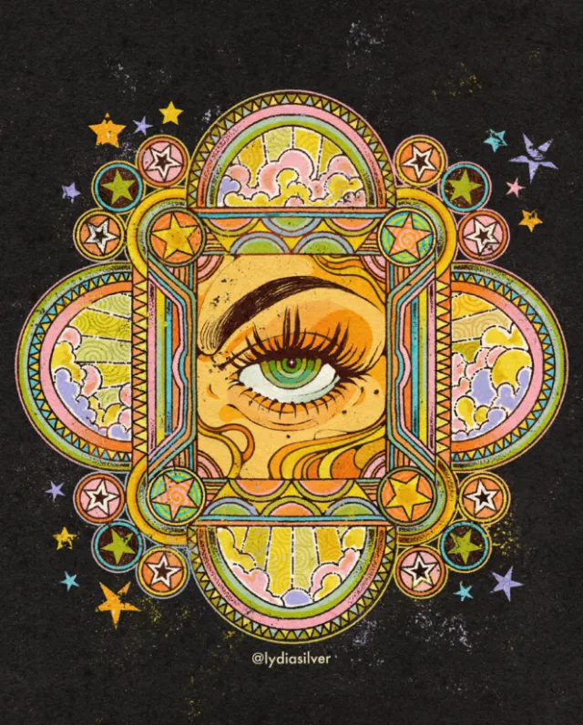 Illustration of a green eye in a colorful ornamental star pattern by Lydia Silver