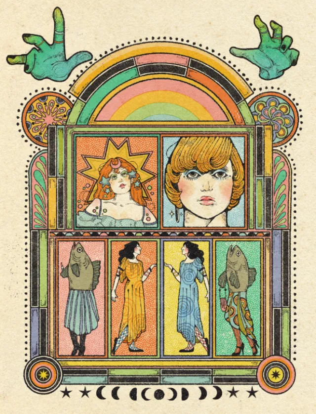 Ornamental artwork with rainbow arch and vintage-style portraits by Lydia Silver