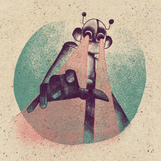 Illustration of Iron Man robot shooting laser beams from eyes by Lydia Silver