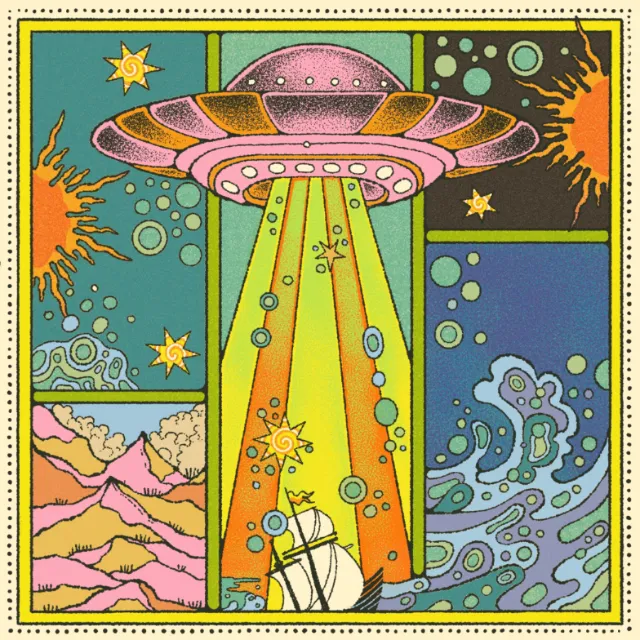 "Glider EP cover poster design with a UFO and a Ship"