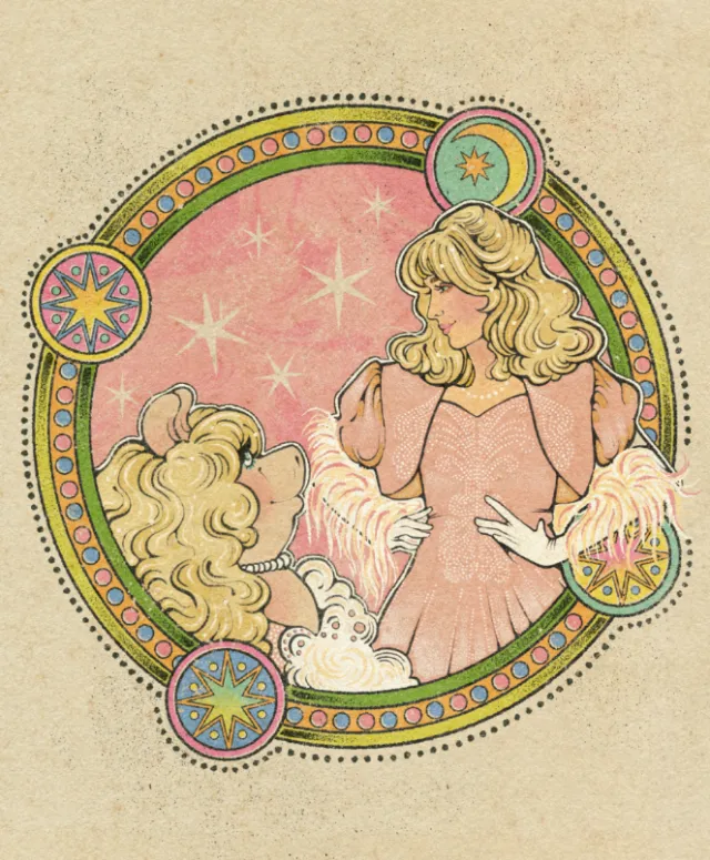 Illustration of a woman and Miss Piggy in a decorative circular frame by Lydia Silver