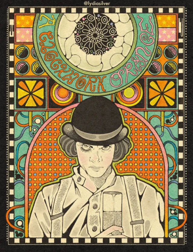 Illustration of a man in a bowler hat with intricate orange and teal design by Lydia Silver