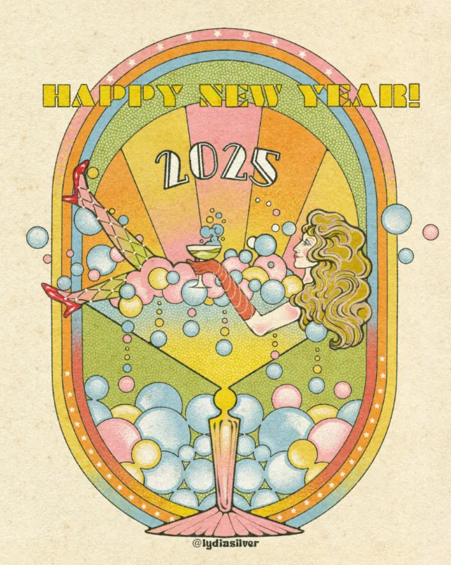 New Year 2023 illustration with woman and bubbles by Lydia Silver