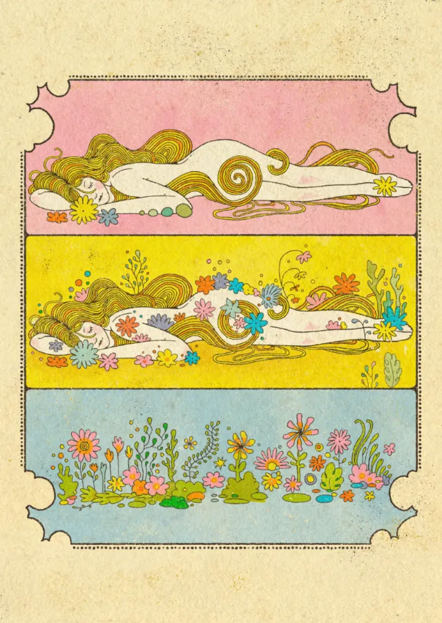 Three-panel illustration of a reclining woman surrounded by flowers by Lydia Silver