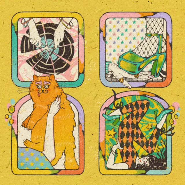 Pop art illustration featuring cat, shoes, and geometric patterns by Lydia Silver