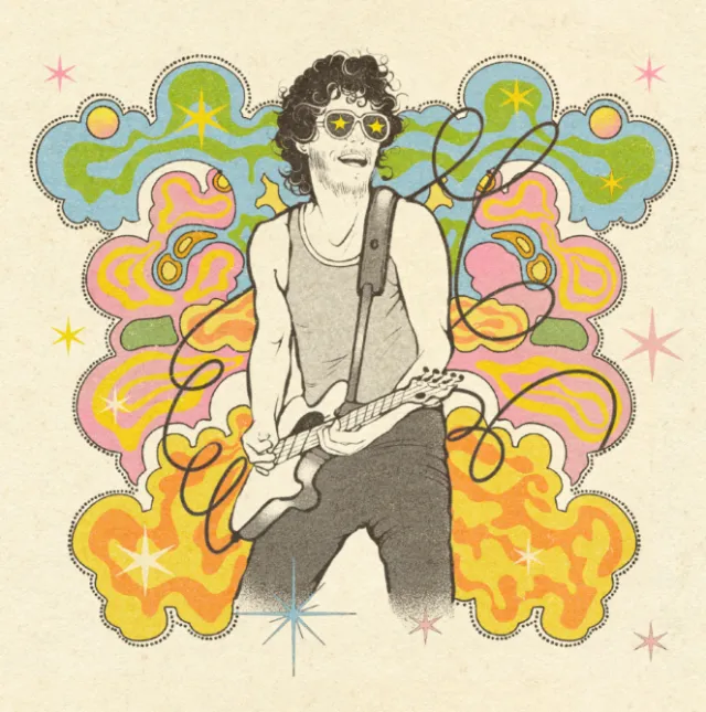 Bruce Springsteen playing guitar with psychedelic colorful background by Lydia Silver
