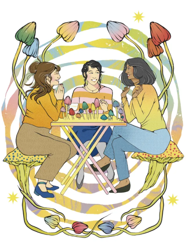 Three women sitting at a table surrounded by psychedelic mushrooms, by Lydia Silver