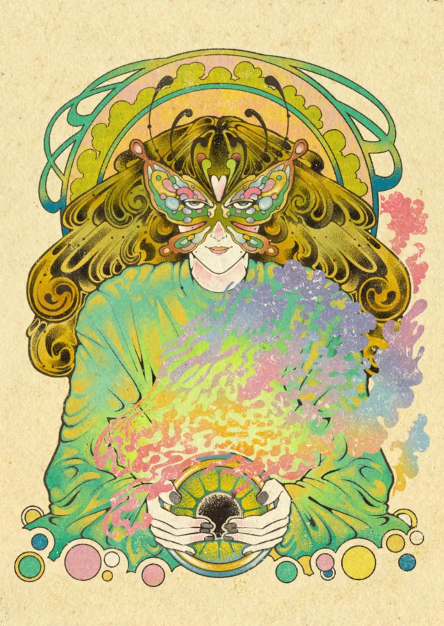 Psychedelic artwork of a woman wearing a butterfly mask holding a radiant orb by Lydia Silver