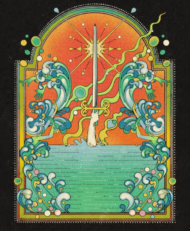 Lydia Silver artwork of sword Excalibur rising from water, waves and glowing star
