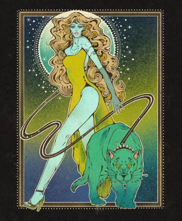 Illustration of woman with long hair and blue panther, by Lydia Silver