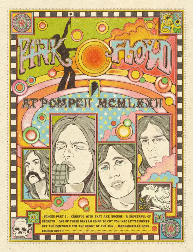 Illustrated Pink Floyd band members in colorful 1970s style poster by Lydia Silver