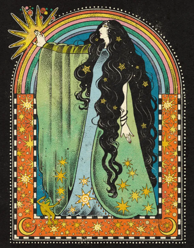 Illustration of woman with long black hair reaching for a star, by Lydia Silver