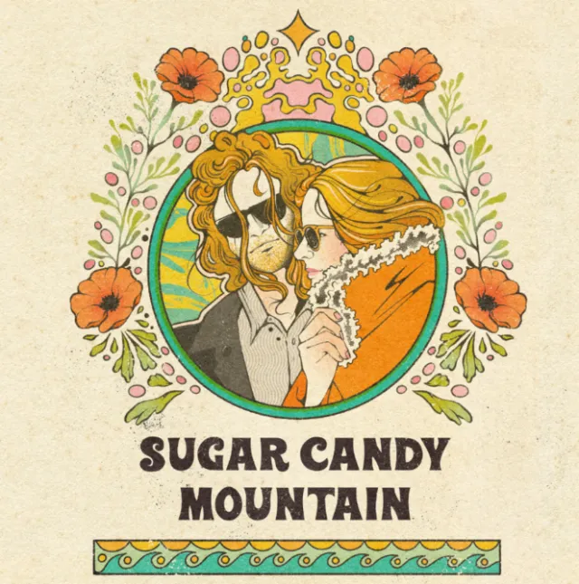Illustration of couple surrounded by flowers for Sugar Candy Mountain merch by Lydia Silver