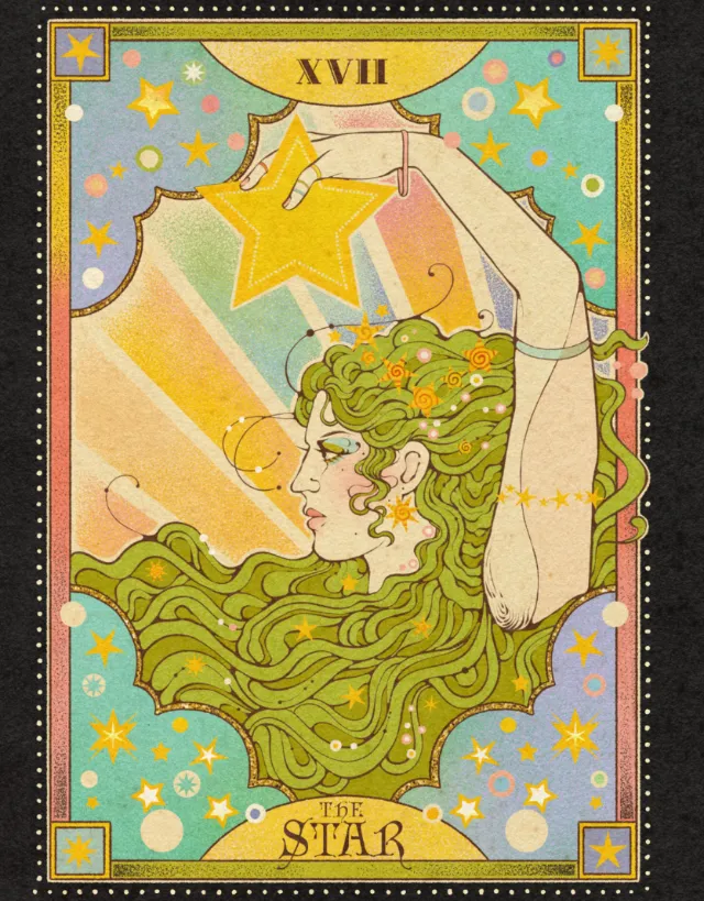 The Star tarot card artwork by Lydia Silver with a woman and stars