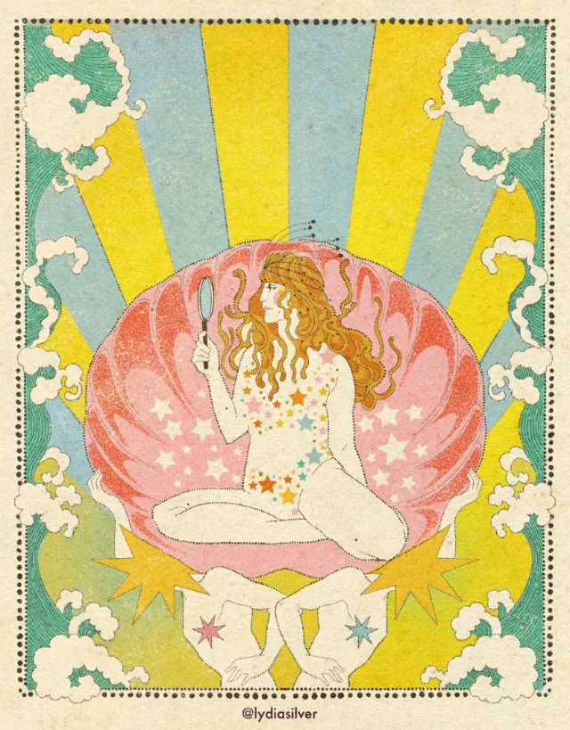 Illustration of a woman seated in a shell, holding a mirror, surrounded by stars by Lydia Silver