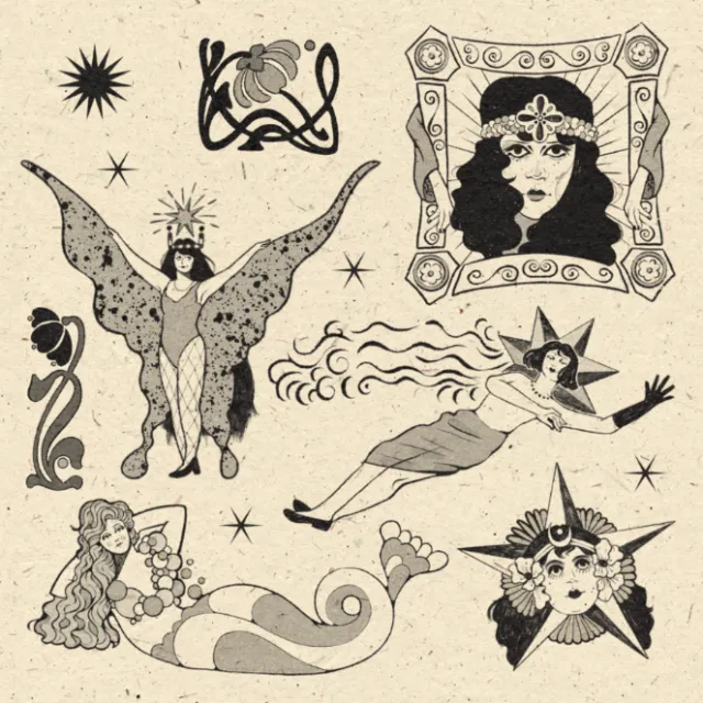 Tattoo flash sheet featuring 1910s style figures and stars by Lydia Silver