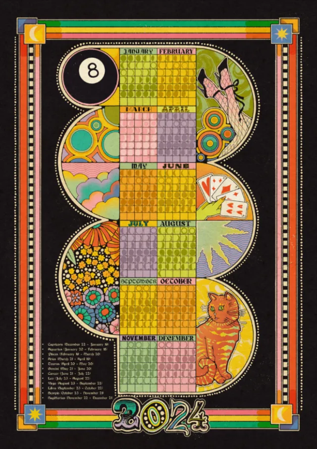 2024 calendar artwork with colorful patterns, cat, bird, and geometric designs by Lydia Silver