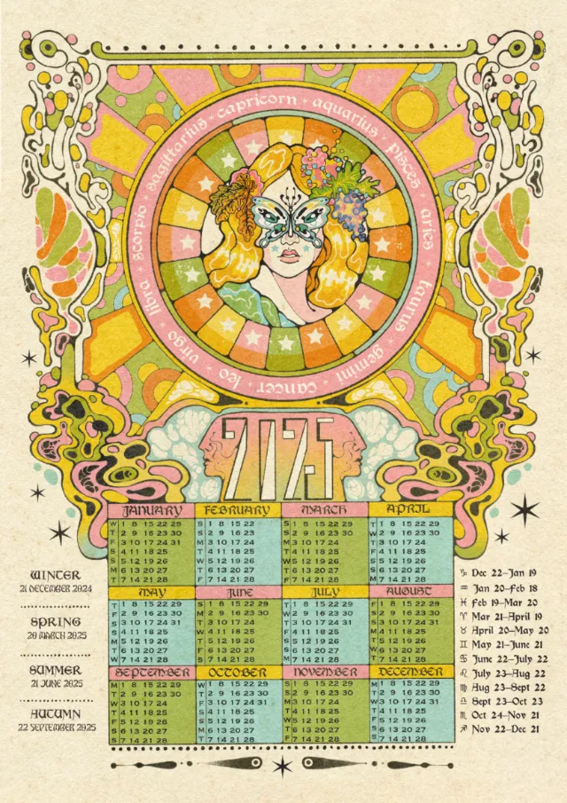 2025 calendar illustration featuring a woman in art deco style by Lydia Silver