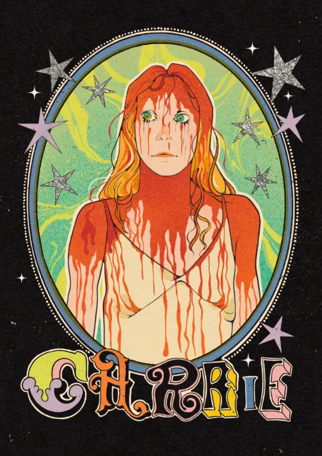 Illustration of a bloodied woman with red hair and green tears, framed by stars, by Lydia Silver
