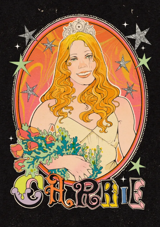 Illustration of Sissy Spacek as Carrie with flowers and stars by Lydia Silver