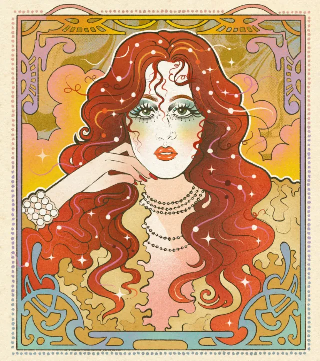 Illustrated portrait of Chappell Roan with flowing red hair by Lydia Silver