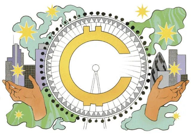 Editorial crypto currency artwork with cityscape and hands by Lydia Silver