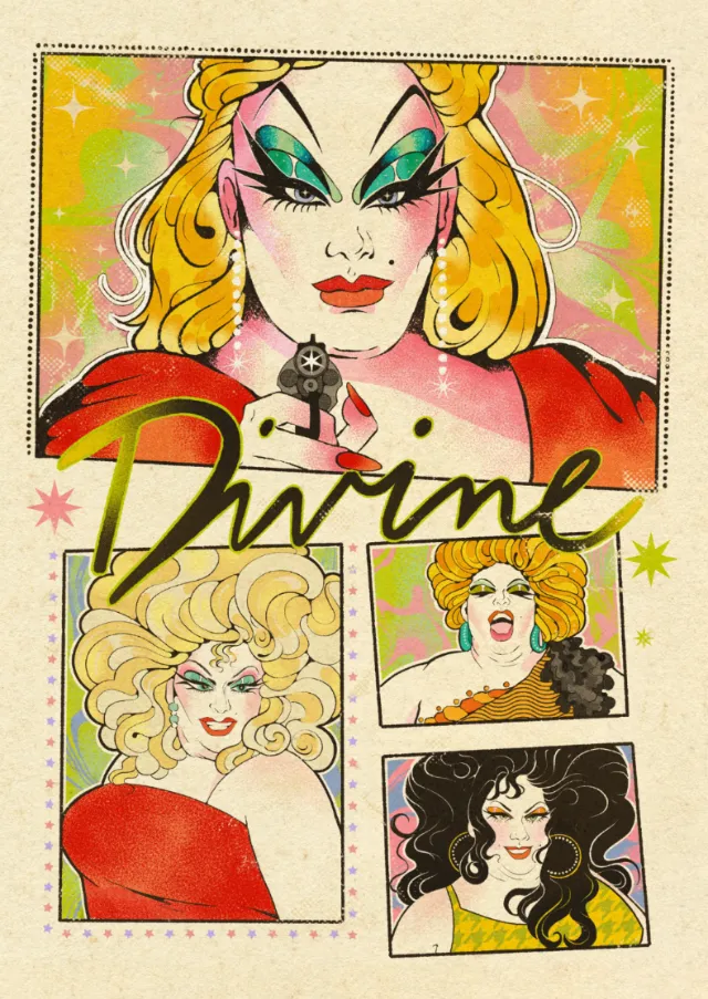 Colorful illustrated portrait of drag queen Divine by Lydia Silver