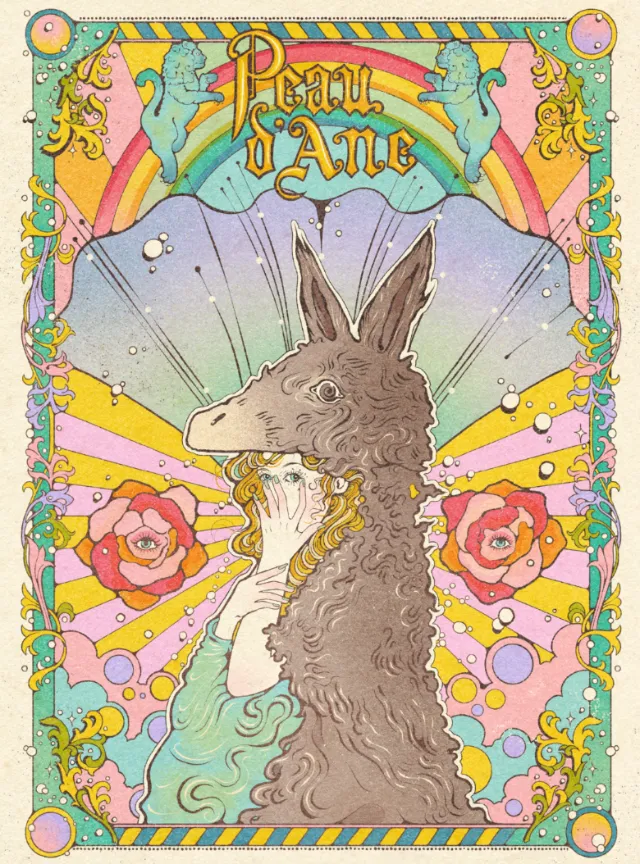Illustration of woman wearing donkey skin costume, framed by colorful flowers and rays by Lydia Silv