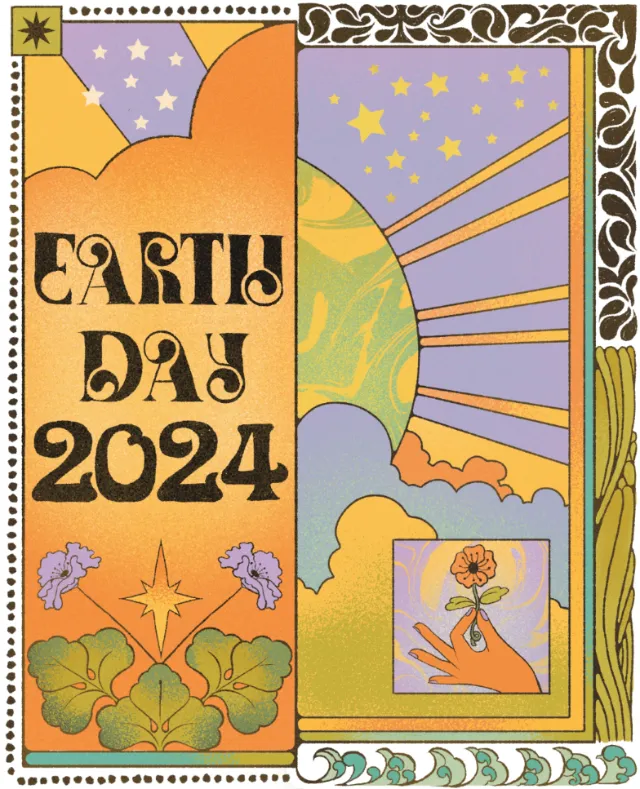 Earth Day 2024 artwork with sun, stars, and hand holding flower by Lydia Silver
