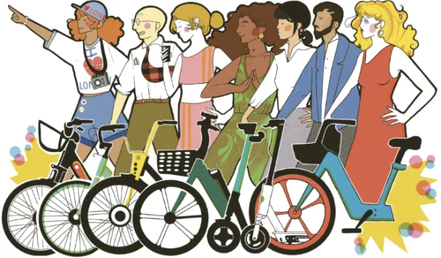 Seven diverse people with different bikes representing London bike personality types by Lydia Silver