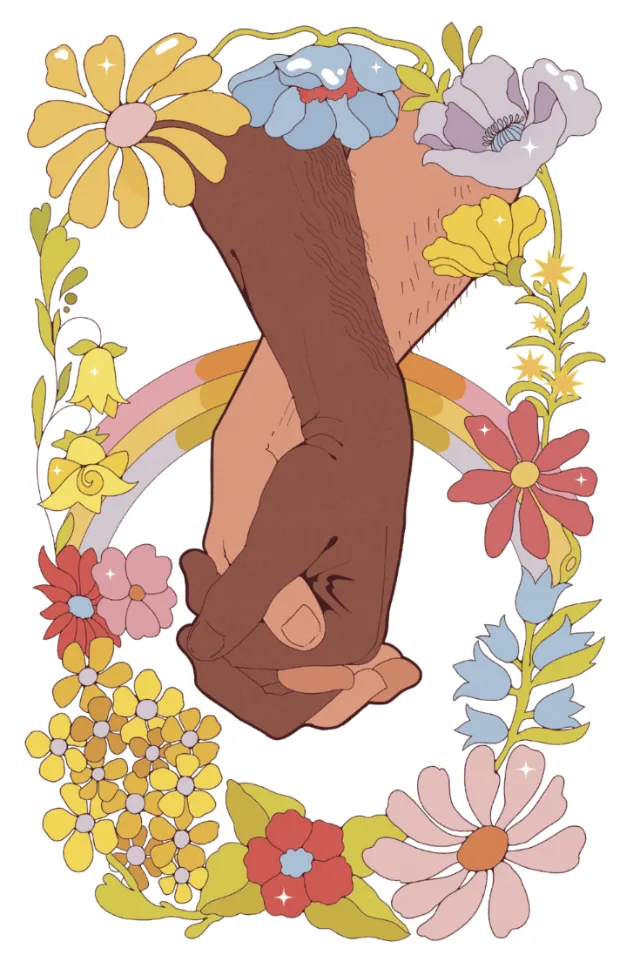 Illustration of two hands holding surrounded by colorful flowers, by Lydia Silver
