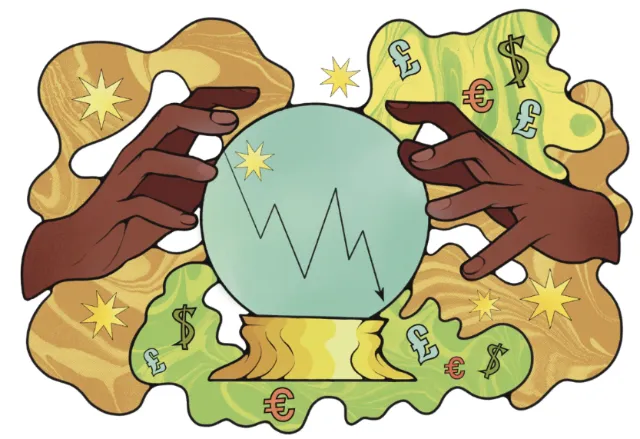 Fortune teller holding crystal ball with currency symbols, illustration by Lydia Silver
