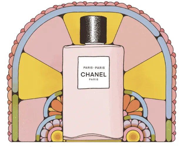 Illustration of Chanel Paris perfume bottle with colorful retro background by Lydia Silver