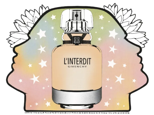 Illustration of Givenchy L'Interdit perfume bottle with floral silhouettes by Lydia Silver