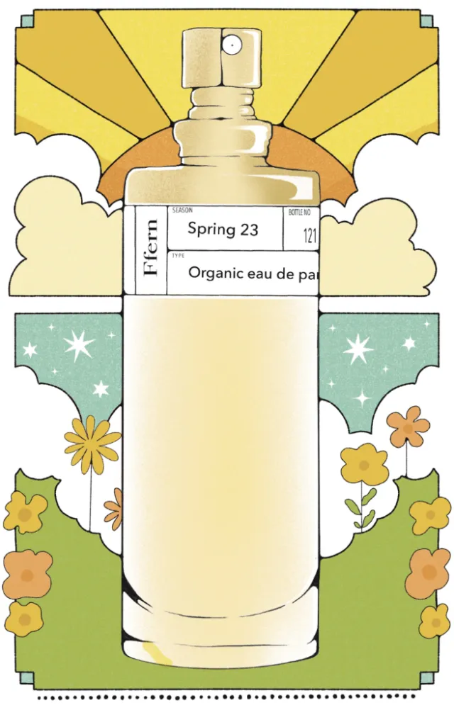 Illustration of a perfume bottle with floral and sunburst background by Lydia Silver