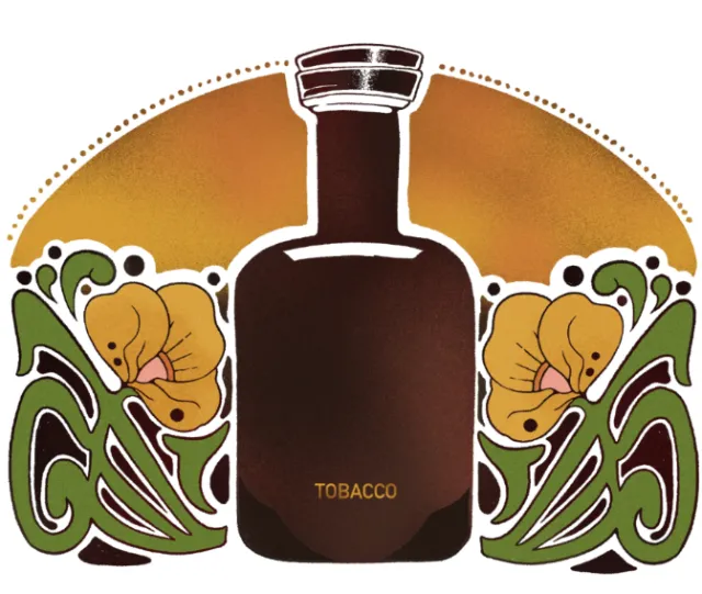 Illustration of a dark tobacco fragrance bottle with floral accents by Lydia Silver