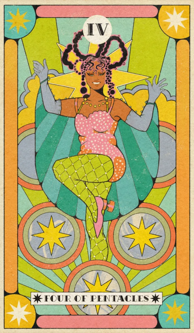 Four of Pentacles Tarot card in psychedelic style by Lydia Silver