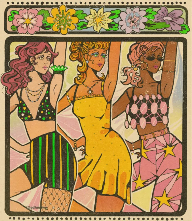 Vintage style illustration of three women with floral border by Lydia Silver