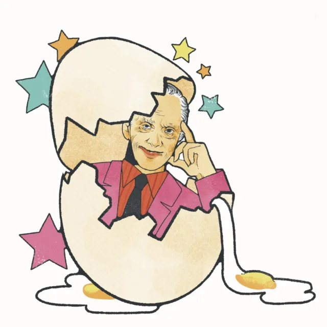 Illustration of John Waters emerging from a cracked egg by Lydia Silver