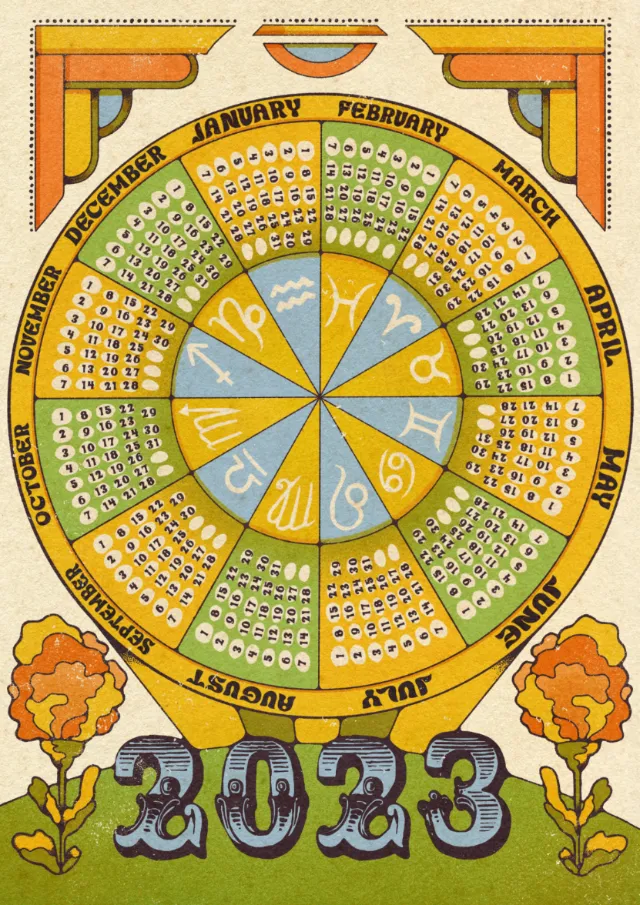 2023 zodiac wheel calendar with floral borders by Lydia Silver